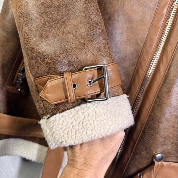 AVEC LES FILLES Coat Large Faux Leather Shearling Moto Jacket Notched Collar - Picture 10 of 15